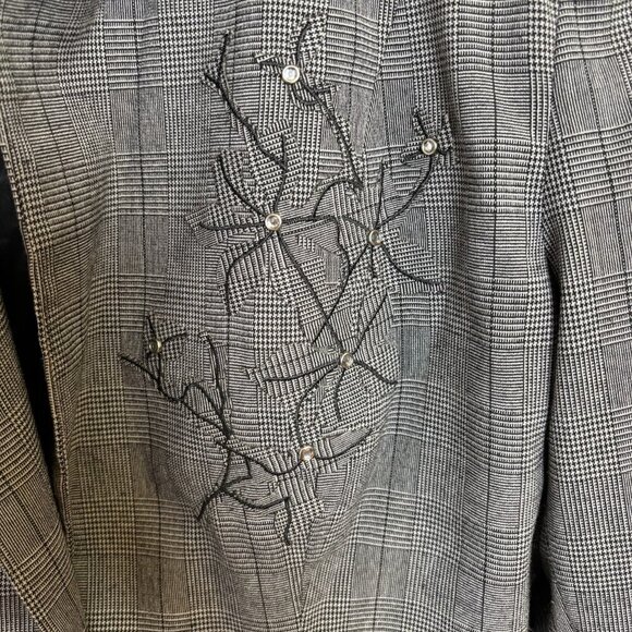 Oscar De La Renta Women Blazer 8P Gray Plaid Rhinestone Floral Design Career - Picture 2 of 16